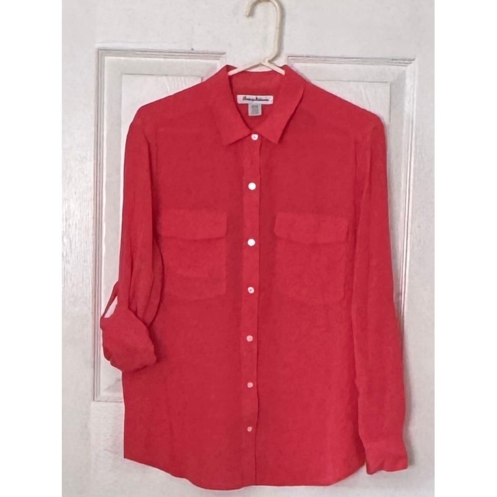 Tommy Bahama Womens Coral Red Silk Feel Roll Tab Sleeve Button Down Shirt Med